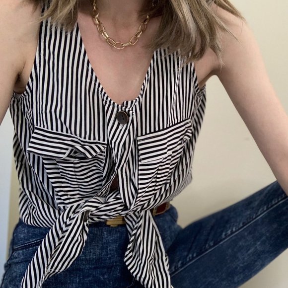 Vintage Tops - Striped 3/$30 Pocket Tie Blouse Button Up